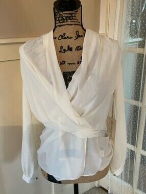 Cream Sheered Long Sleeve Classic Wrap Blouse Size Medium